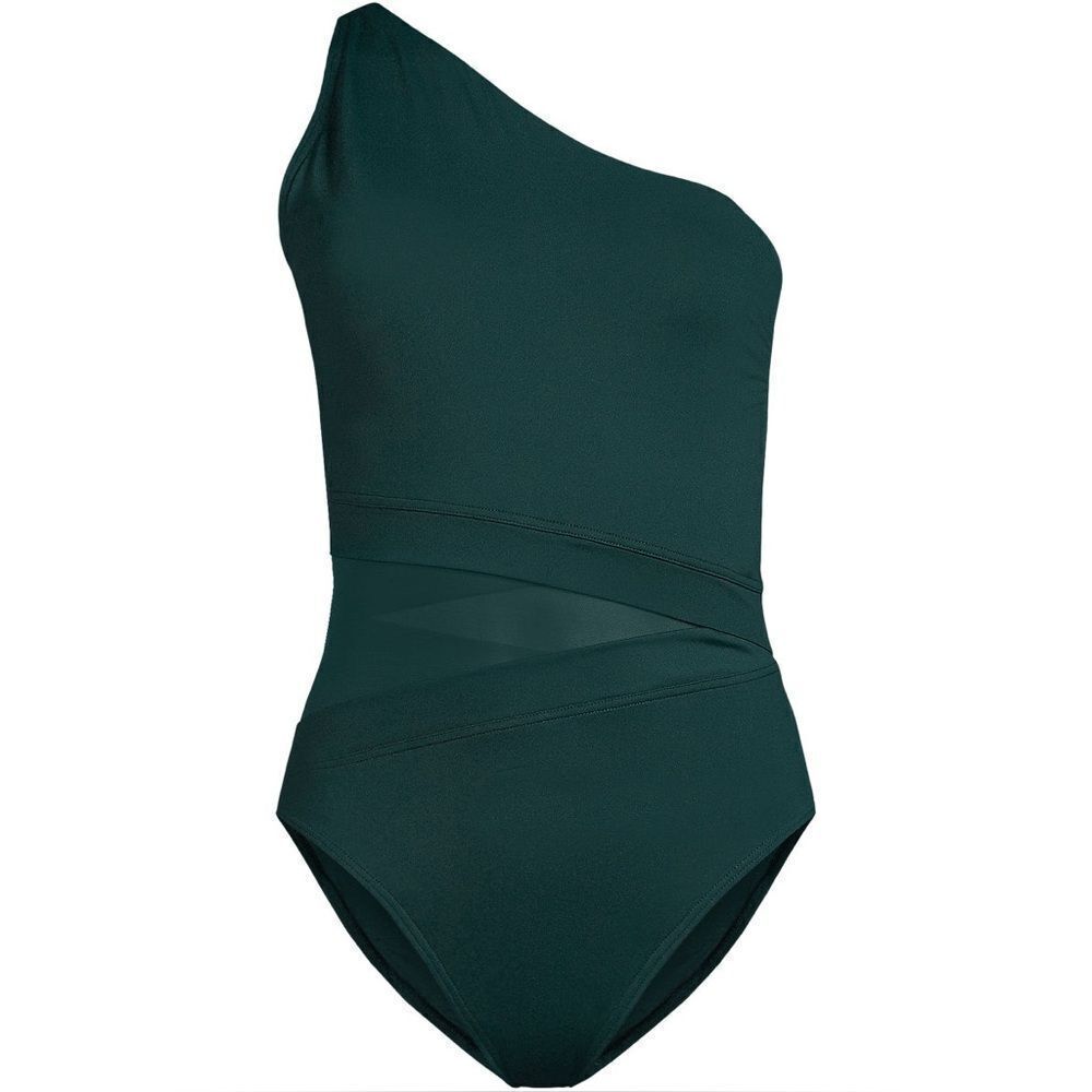 Land's End Plus Size Smoothing Mesh 1 Piece Swimsuit 1 shoulder Balsam Green 12 - Picture 2 of 7